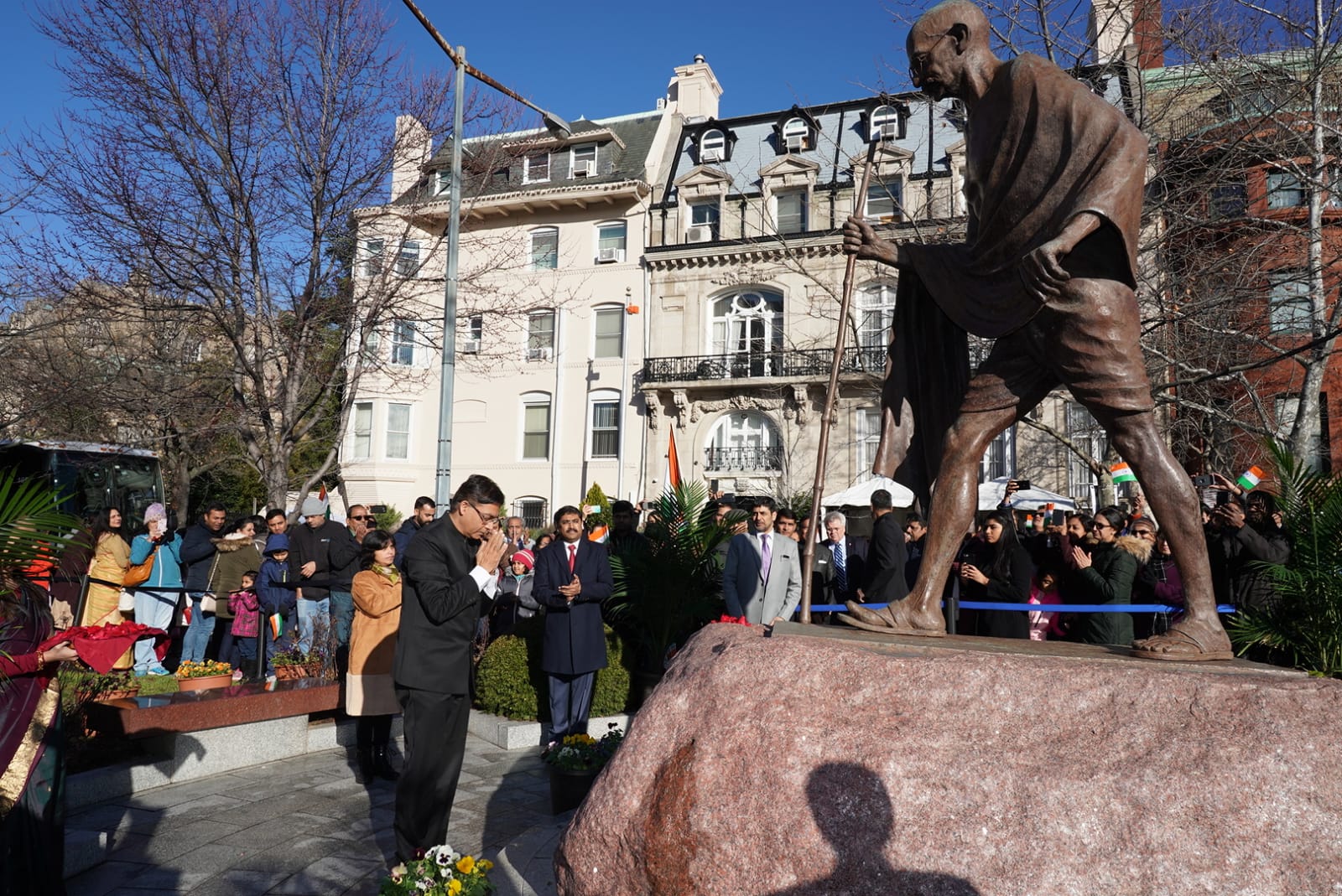 Charge d'Affaires Ambassador Amit Kumar is seen paying tribute to Mahatma Gandhi statue in Washington DC