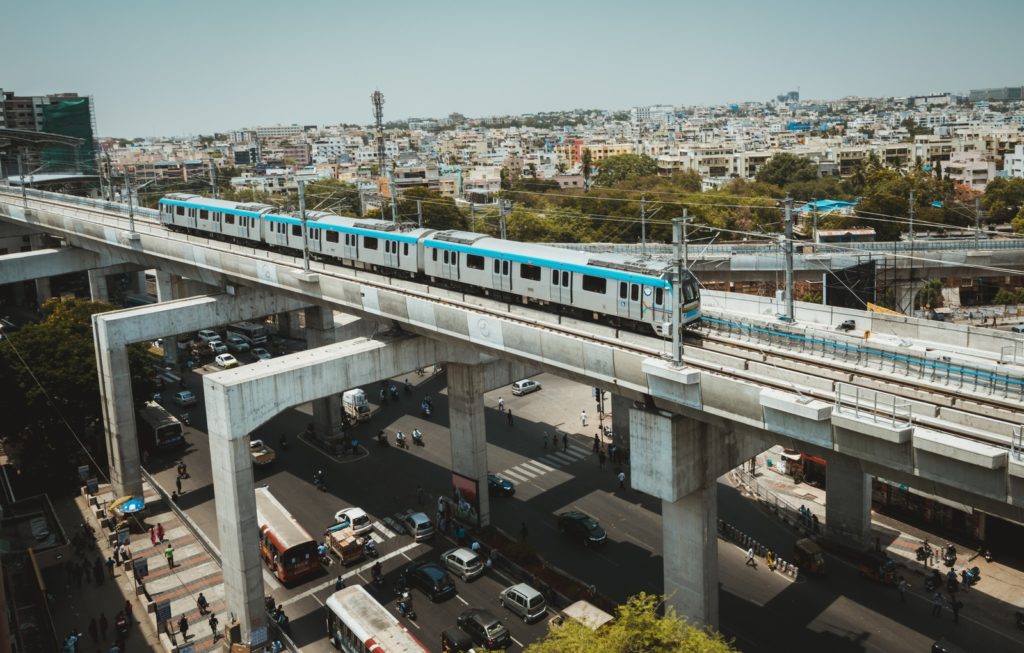 Hyderabad Metro Train on a overbridge