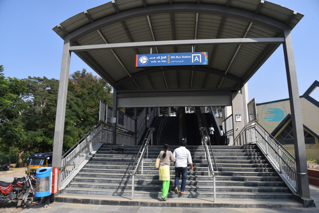 People are seen walking into the new MGBS Metro Station in Hyderabad