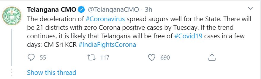 CM KCR tweets that Telangana could be coronavirus free in a few days