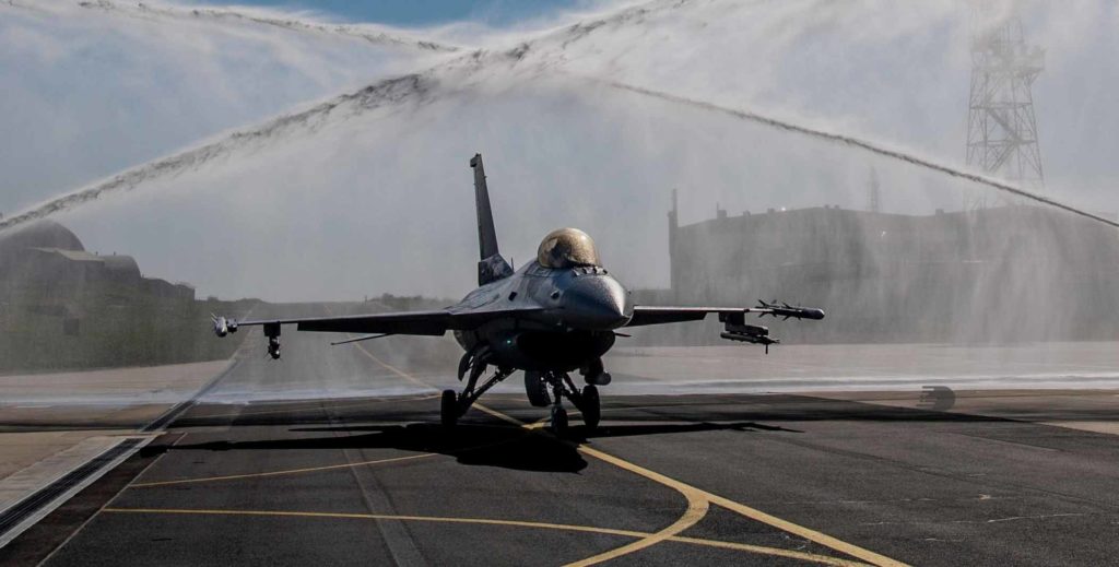 F-16 Fighting Falcon gets a water salute after completing 10000 hours in air