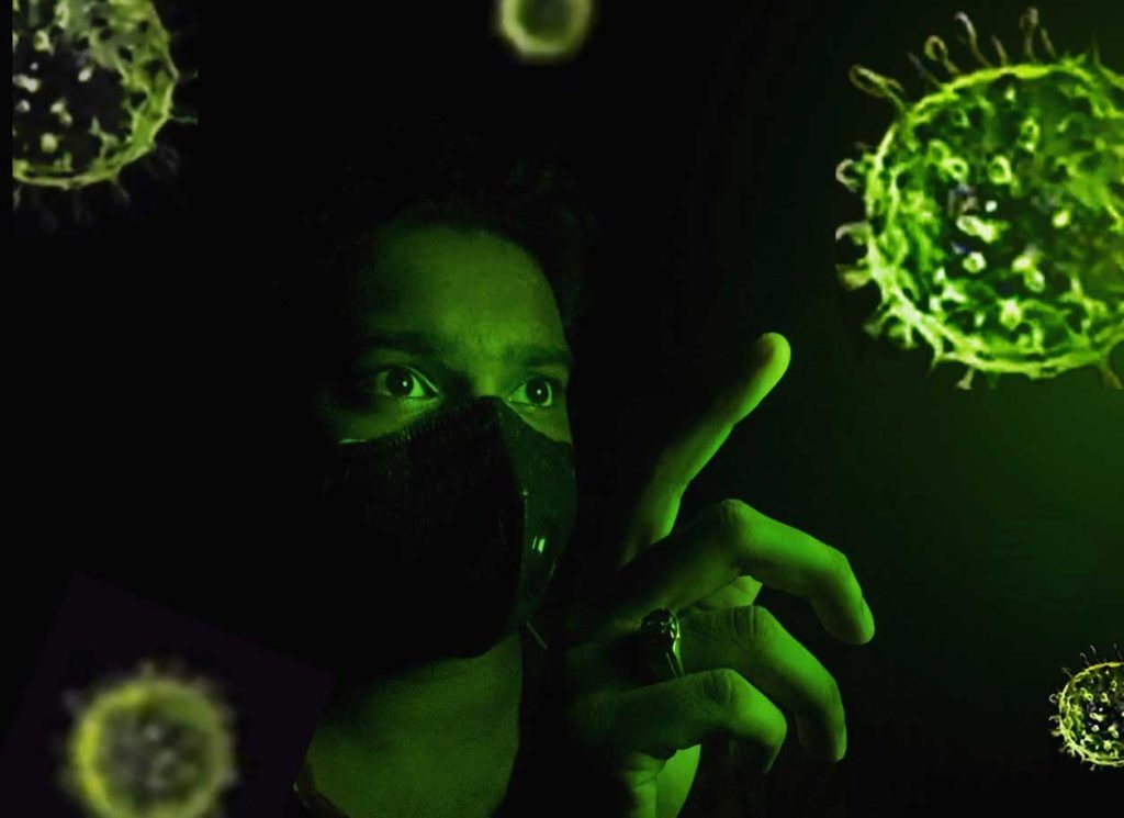 Graphic of a man looking at virus