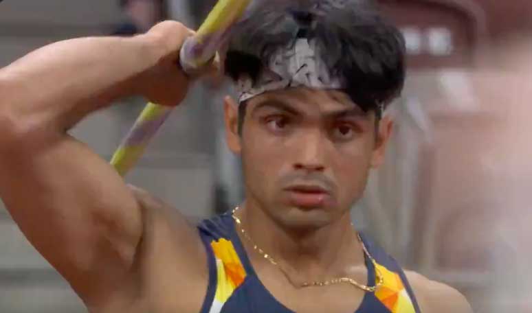 Neeraj Chopra of India throwing Javelin at the Tokyo Olympics for Gold Medal