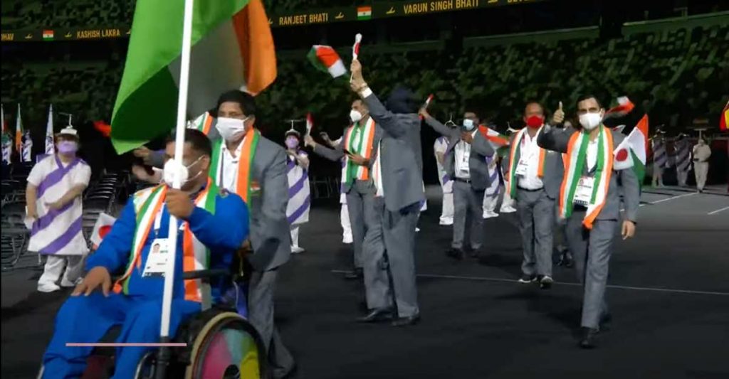 The Indian contingent led by Javelin Thrower Tek Chand at the Tokyo Paralympics