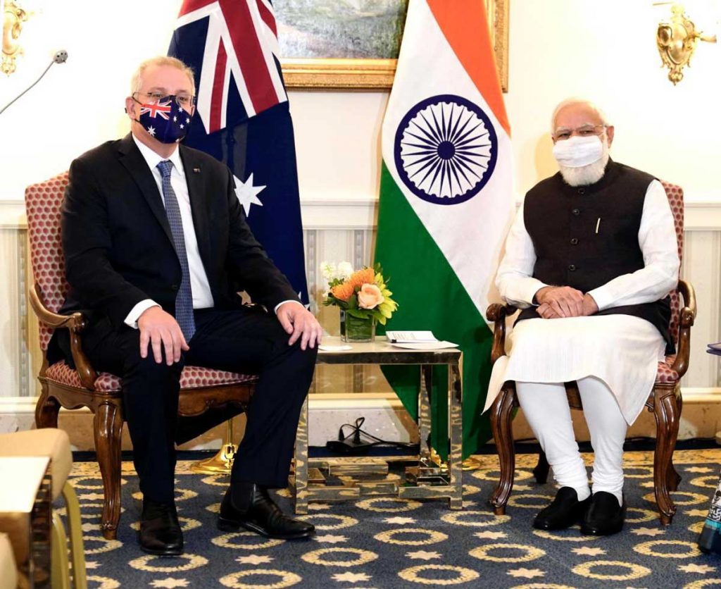 Indian Prime Minister Narendra Modi and the Australian Prime Minister Scott Morrison meet on the sidelines of the QUAD summit