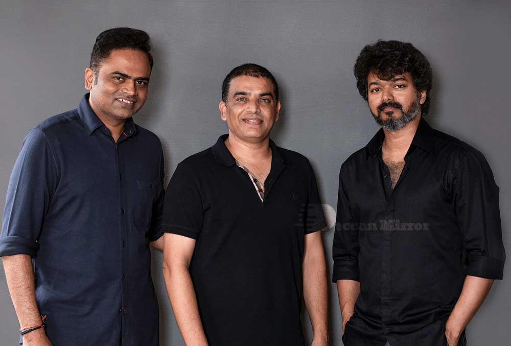 Vamshi Paidipally, Dil Raju and Thalapathy Vijay pose for a picture