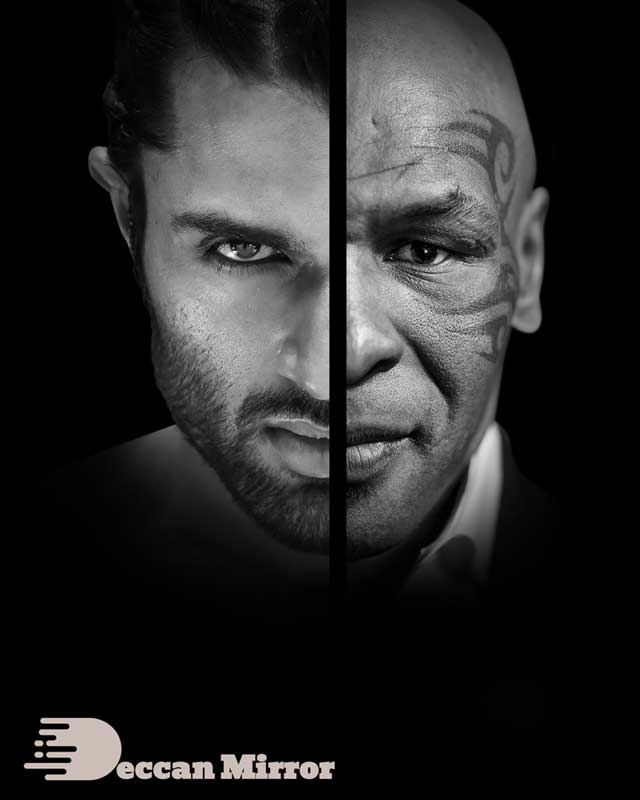 Photos of Vijay Devarakonda and Mike Tyson merged into a poster