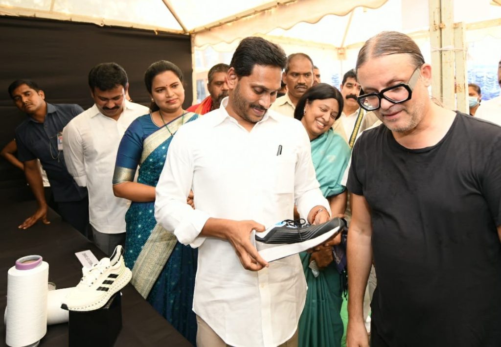 ap cm jagan checks out a shoe made of recycled plastic