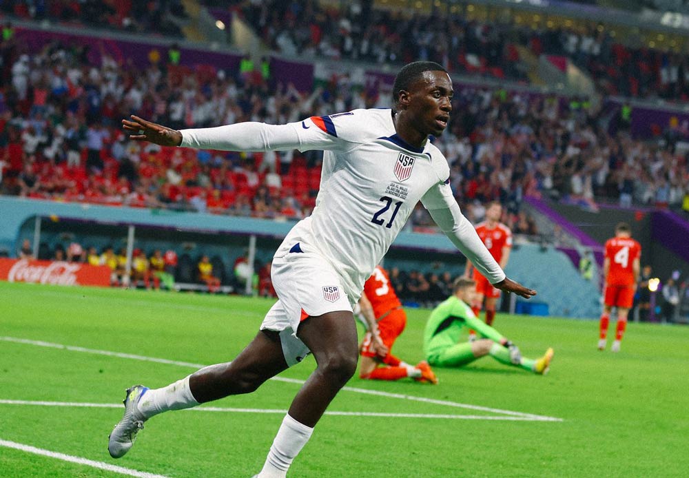 US football forward Timothy Weah scores a goal for the team