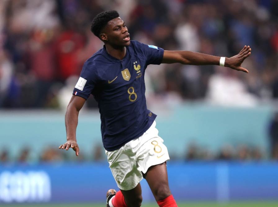 Aurélien Tchouaméni scores a goal against England in the Football world cup