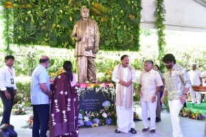 Akkineni Nageswara Rao Statue Inauguration attended by Nagarjuna, Amala, Naga Chaitanya, Akhil, Mahesh Babu, Ram Charan, Nani, and Venkiah Naidu