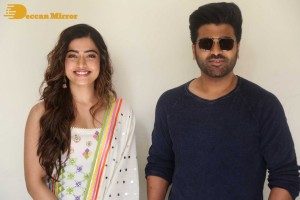 Press Meet of Telugu Movie Aadavallu Meeku Joharlu attended by actors Sharwanand and Rashmika