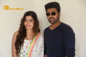 Press Meet of Telugu Movie Aadavallu Meeku Joharlu attended by actors Sharwanand and Rashmika