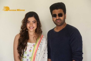 Press Meet of Telugu Movie Aadavallu Meeku Joharlu attended by actors Sharwanand and Rashmika