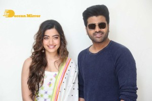 Press Meet of Telugu Movie Aadavallu Meeku Joharlu attended by actors Sharwanand and Rashmika