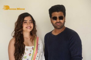 Press Meet of Telugu Movie Aadavallu Meeku Joharlu attended by actors Sharwanand and Rashmika