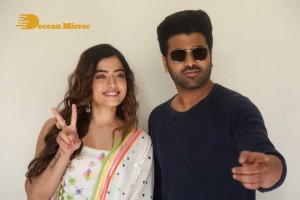 Press Meet of Telugu Movie Aadavallu Meeku Joharlu attended by actors Sharwanand and Rashmika
