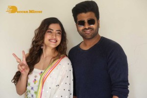 Press Meet of Telugu Movie Aadavallu Meeku Joharlu attended by actors Sharwanand and Rashmika