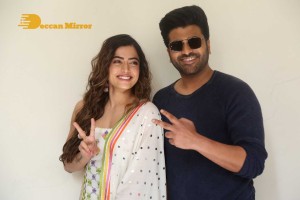 Press Meet of Telugu Movie Aadavallu Meeku Joharlu attended by actors Sharwanand and Rashmika