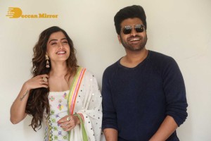 Press Meet of Telugu Movie Aadavallu Meeku Joharlu attended by actors Sharwanand and Rashmika