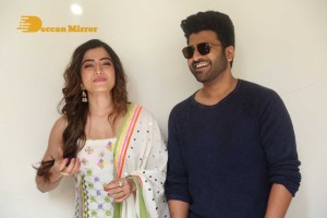 Press Meet of Telugu Movie Aadavallu Meeku Joharlu attended by actors Sharwanand and Rashmika