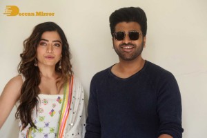 Press Meet of Telugu Movie Aadavallu Meeku Joharlu attended by actors Sharwanand and Rashmika