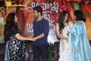 Press Meet of Telugu Movie Aadavallu Meeku Joharlu attended by actors Sharwanand and Rashmika
