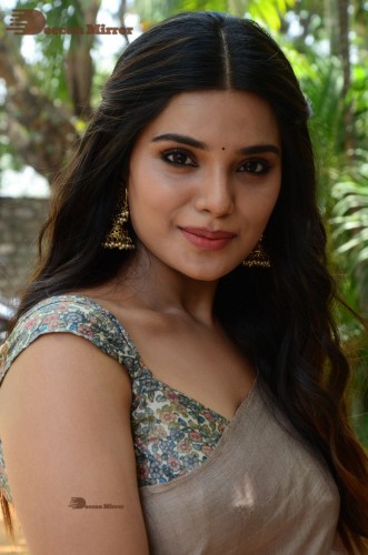 Telugu and Tamil actress Aathmika posing in a Grey Saree
