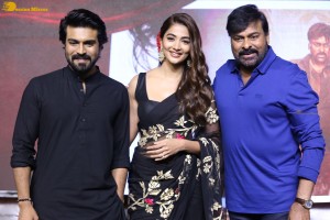Acharya movie press meet attended by Chiranjeevi, Ram Charan Teja, Pooja Hegde and Koratala Siva