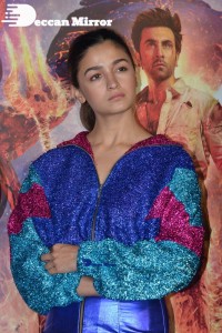 Alia Bhatt in a blue top and matching mini-skirt attending Brahmastra movie event