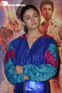 Alia Bhatt in a blue top and matching mini-skirt attending Brahmastra movie event