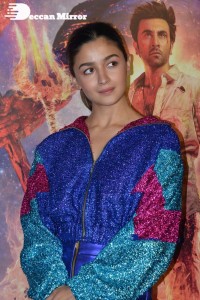 Alia Bhatt in a blue top and matching mini-skirt attending Brahmastra movie event