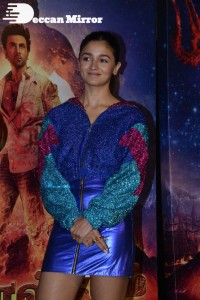 Alia Bhatt in a blue top and matching mini-skirt attending Brahmastra movie event