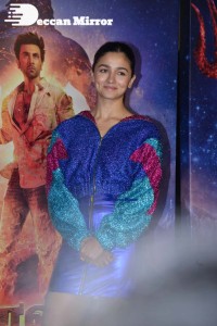 Alia Bhatt in a blue top and matching mini-skirt attending Brahmastra movie event