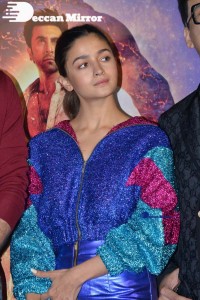 Alia Bhatt in a blue top and matching mini-skirt attending Brahmastra movie event