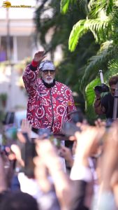 Amitabh Bachchan greets fans at his house in Juhu on April 12, 2026