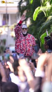 Amitabh Bachchan greets fans at his house in Juhu on April 12, 2026