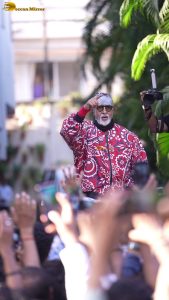 Amitabh Bachchan greets fans at his house in Juhu on April 12, 2026