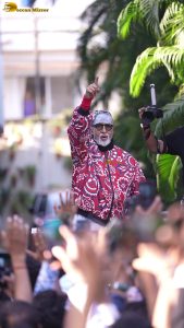 Amitabh Bachchan greets fans at his house in Juhu on April 12, 2026