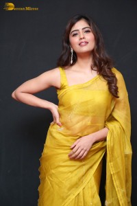 Actress Amritha Aiyer beautiful in a golden yellow saree