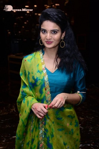 Telugu Heroine Ananya Nagella posing in Blue Salwar Kameez