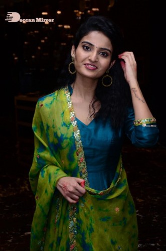 Telugu Heroine Ananya Nagella posing in Blue Salwar Kameez