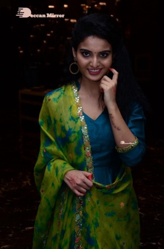 Telugu Heroine Ananya Nagella posing in Blue Salwar Kameez