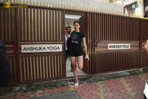 actress Ananya Panday in black shorts outside her yoga class