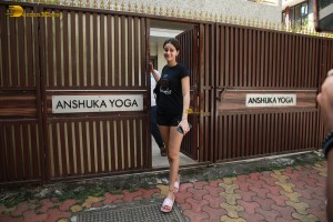 actress Ananya Panday in black shorts outside her yoga class