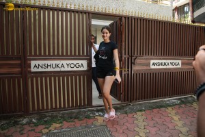 actress Ananya Panday in black shorts outside her yoga class