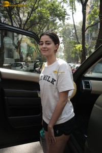 actress Ananya Panday in white t-shirt and black shorts