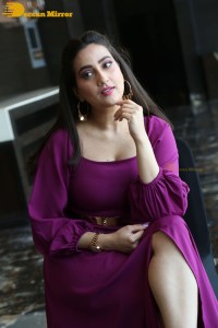 Anchor Manjusha in a purple dress posing for pictures