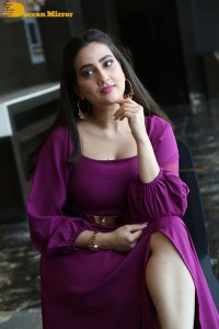 Anchor Manjusha in a purple dress posing for pictures
