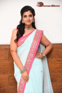 Anchor and Actress Syamala in a light blue saree
